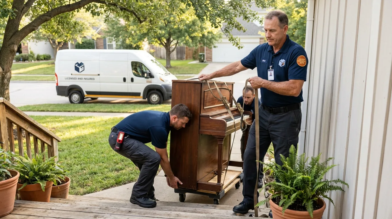 Licensed piano movers securing grand piano in Sibley, LA