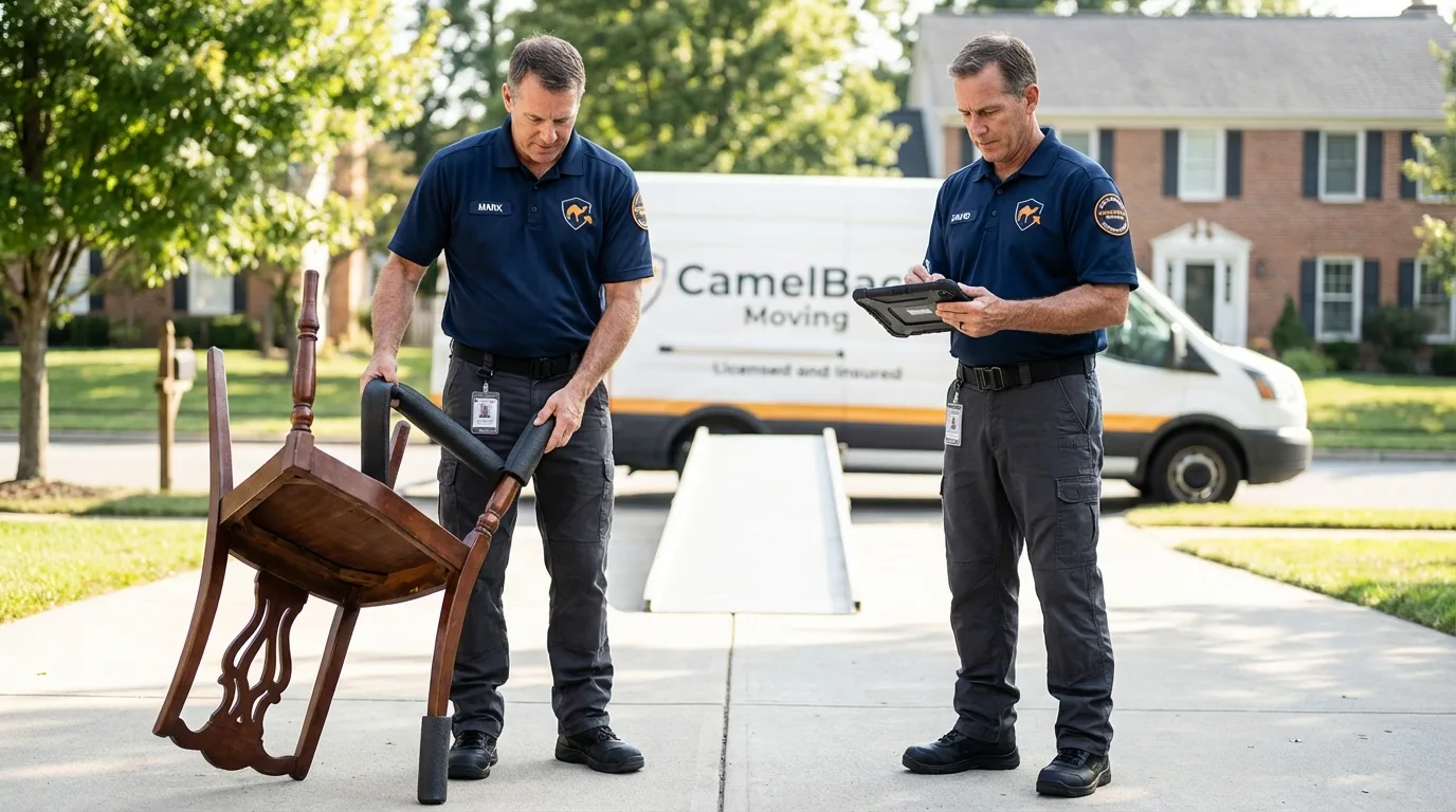 Movers inspecting furniture for damage prevention before loading in Sibley, LA