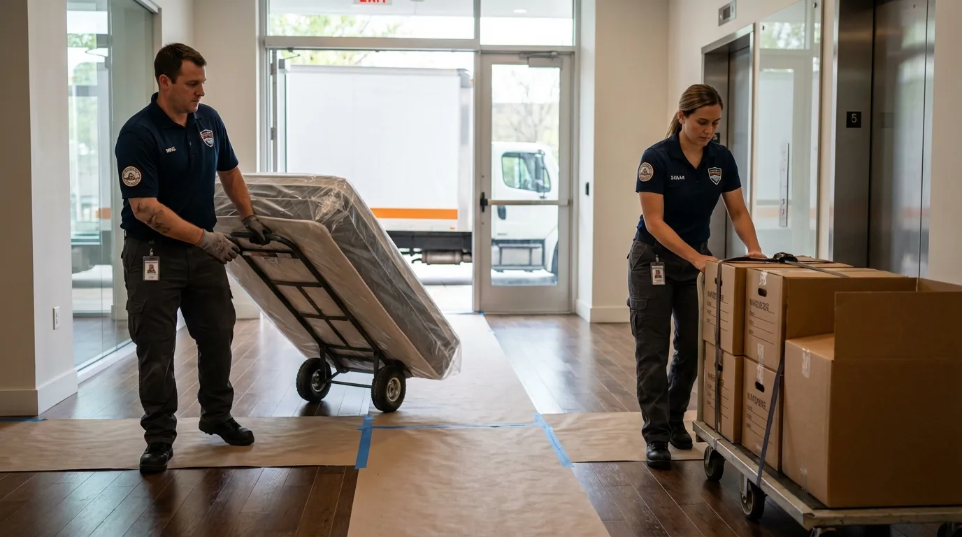 Professional apartment movers loading elevator in Sibley, LA